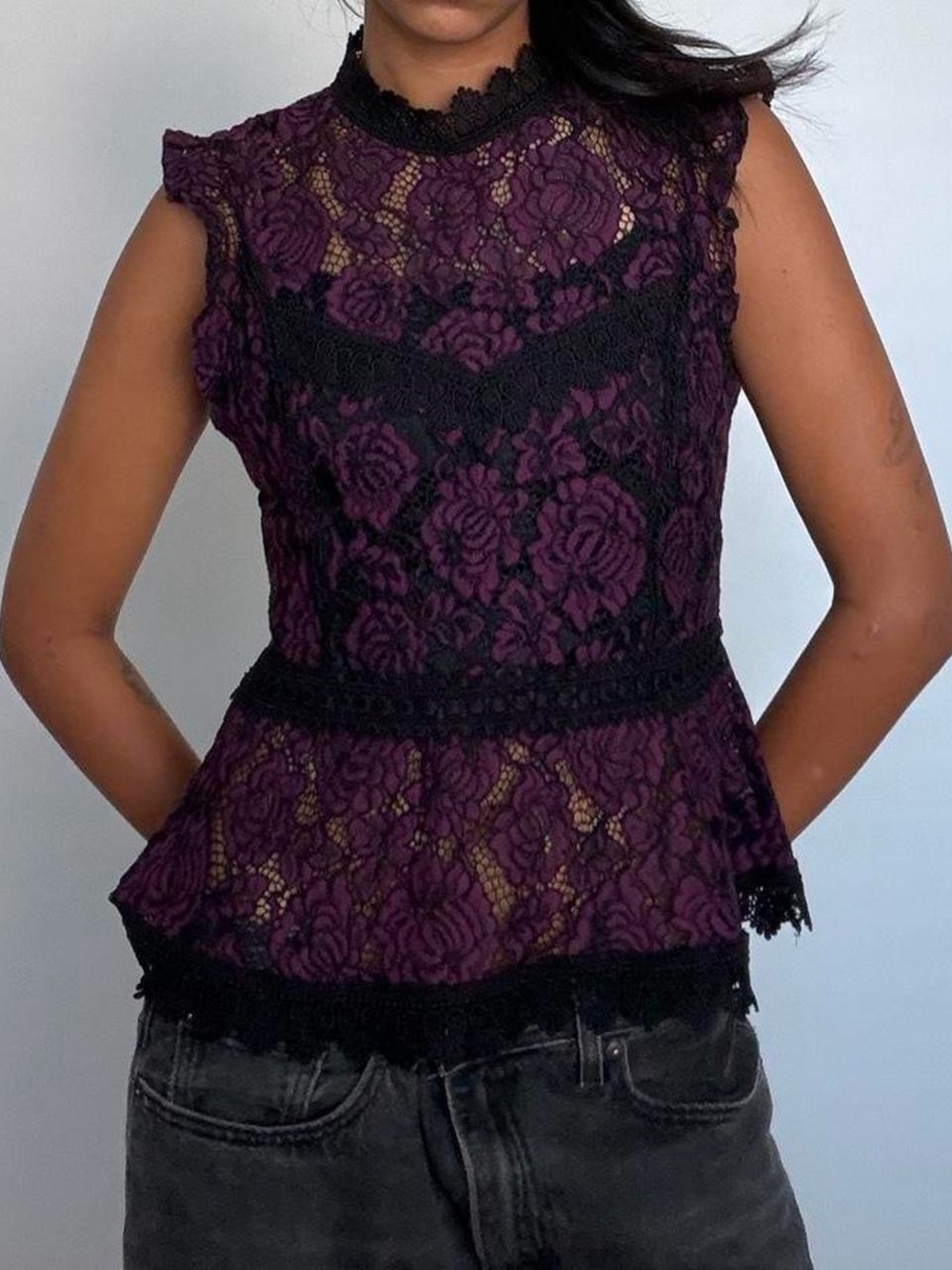 00’s Sleeveless Floral Lace Peplum Top in Deep Plum with Black Trim